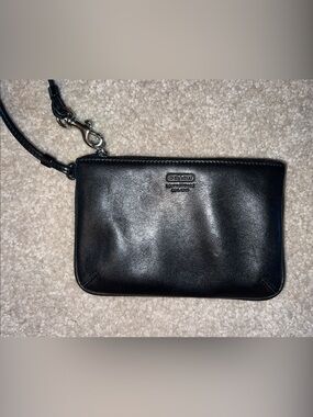 Coach Black Leather Zip Wristlet with Silver Hardware
